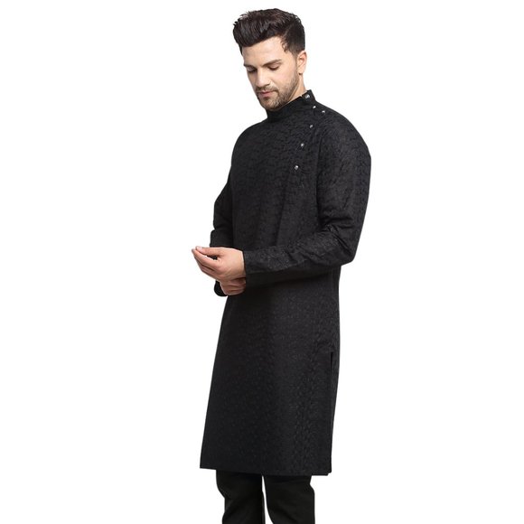 Designer Black Cotton Chikankari Lucknowi Jaal Embroidered Kurta for Men - Picture 2 of 5